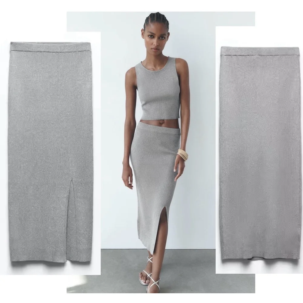 Zara metallic silver thread gray knit midi pencil skirt side slit Sz L NWOT￼
